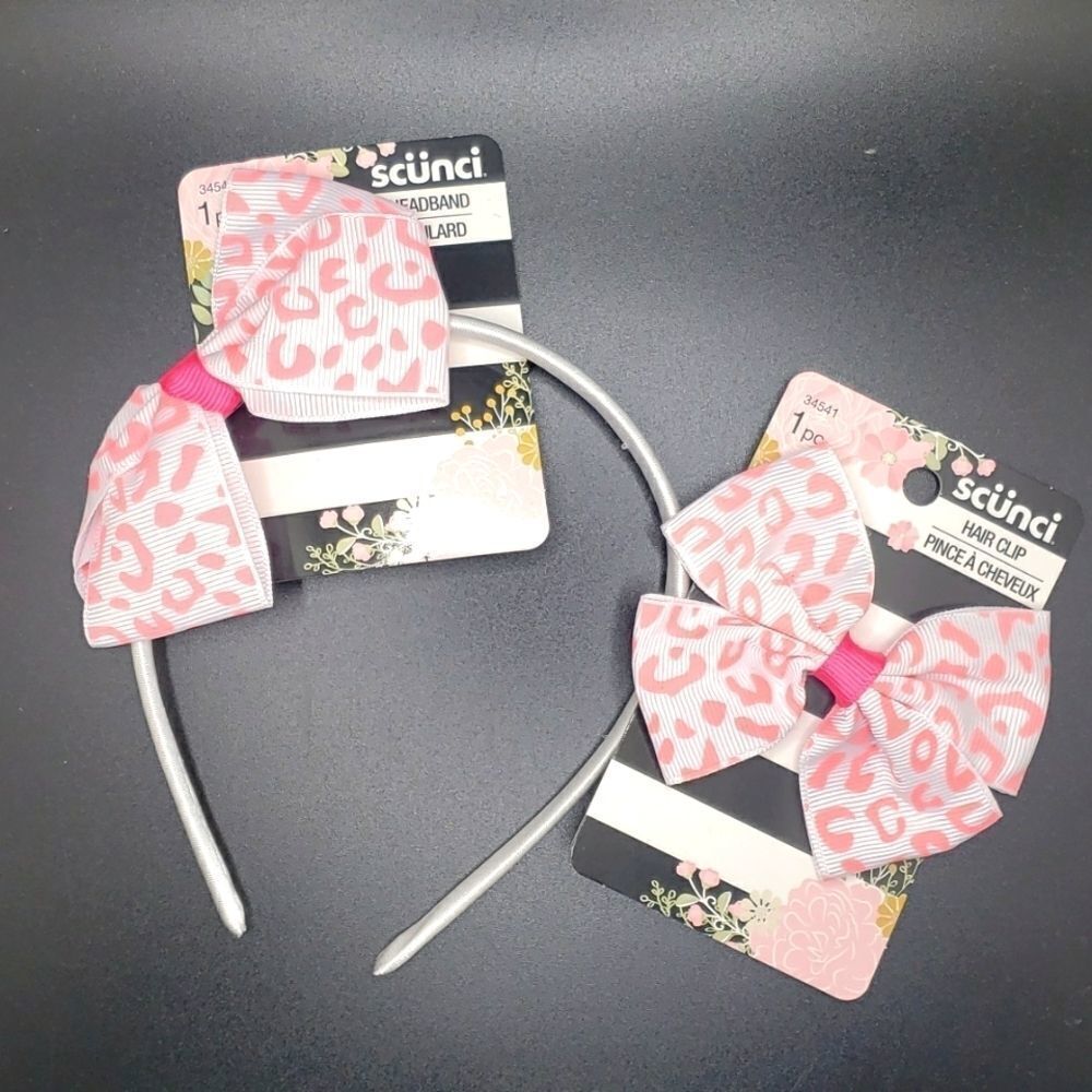 pink animal print headband set with bow clip
